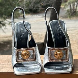 Versace Metallic Silver Medusa-Embellished Slingback Heels